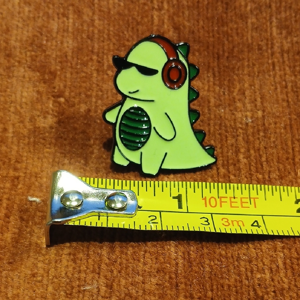 NEW Cartoon Dinosaur with Headphones Enamel Pin - Picture 3 of 4